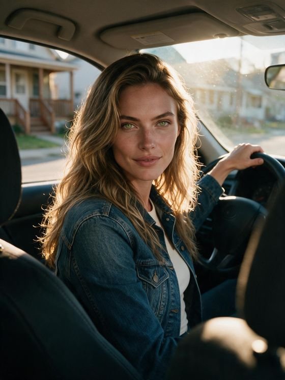 La misma modelo IA en el coche a contraluz