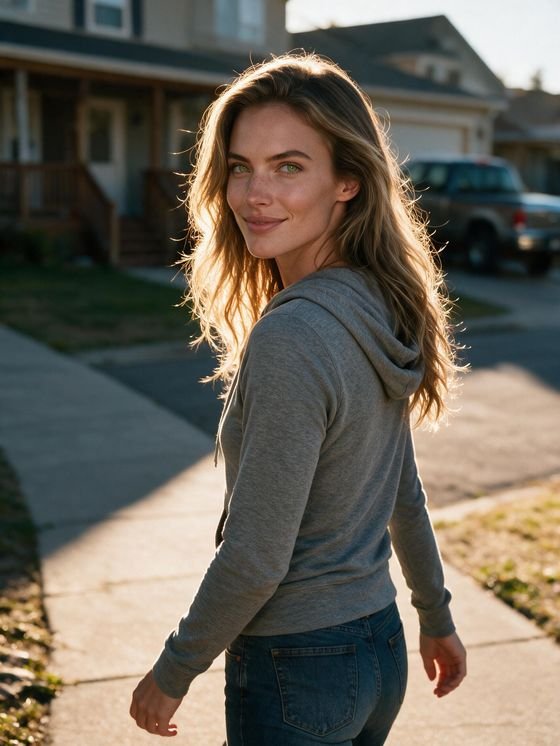 La misma modelo IA en la calle con sol bajo