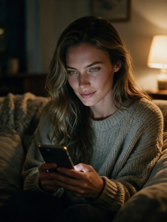 La misma modelo IA de noche con luz de lámpara